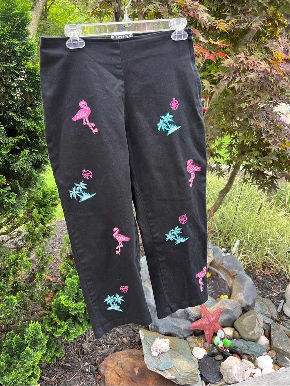 Black pants with Pink Flamingo & Teal Embroidery